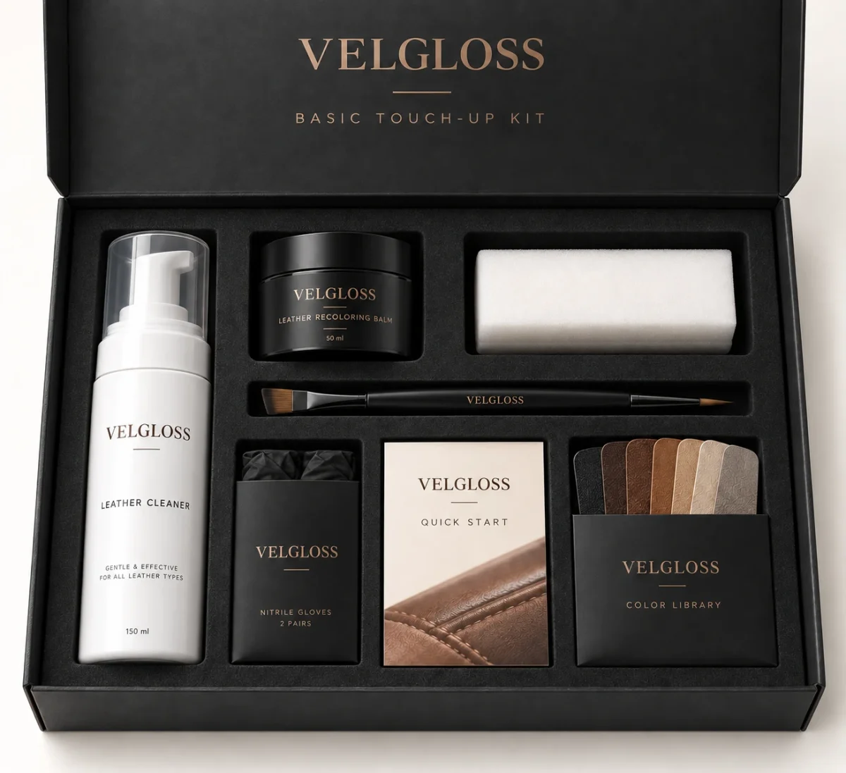 VELGLOSS Basic Touch-Up Kit concept VELGLOSS Basic Touch-Up Kit compact stacked open-box concept photograph