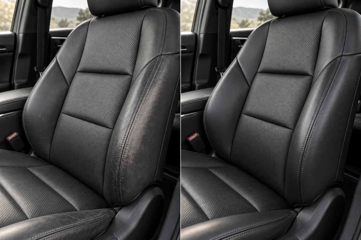 Concept visualization of worn leather car seat restoration