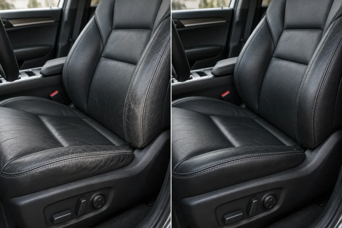 Black leather car seat Before and After concept visualization, case 3