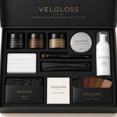 Illustrative leather furniture restoration kit concept visual