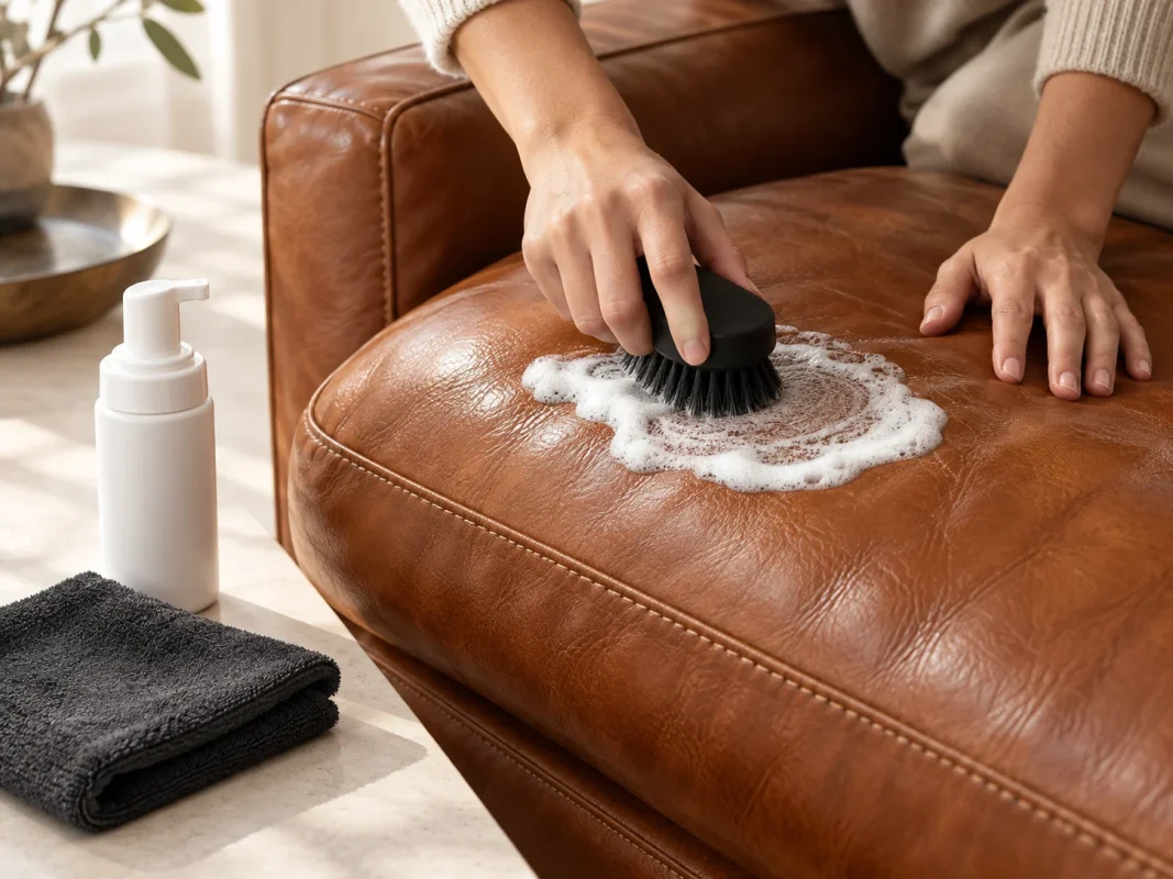 Clean step: applying leather foam cleaner with a soft brush and microfiber cloth